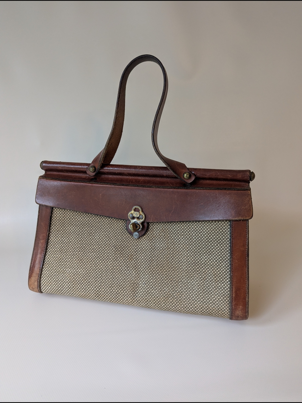 Vintage Brown Leather & Tan Canvas Handbag